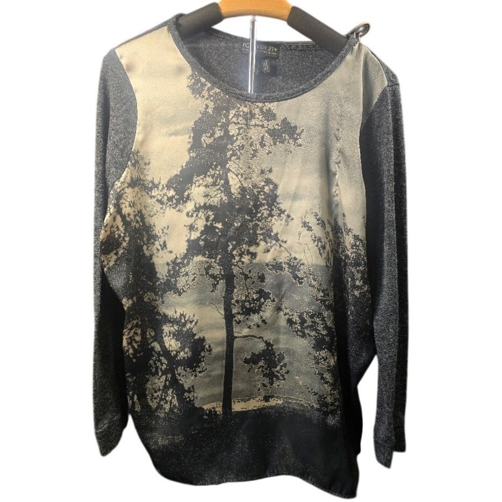 Forever 21+ Womens Plus‎ Size Tree Graphic Mixed Media Top Charcoal Grey XL